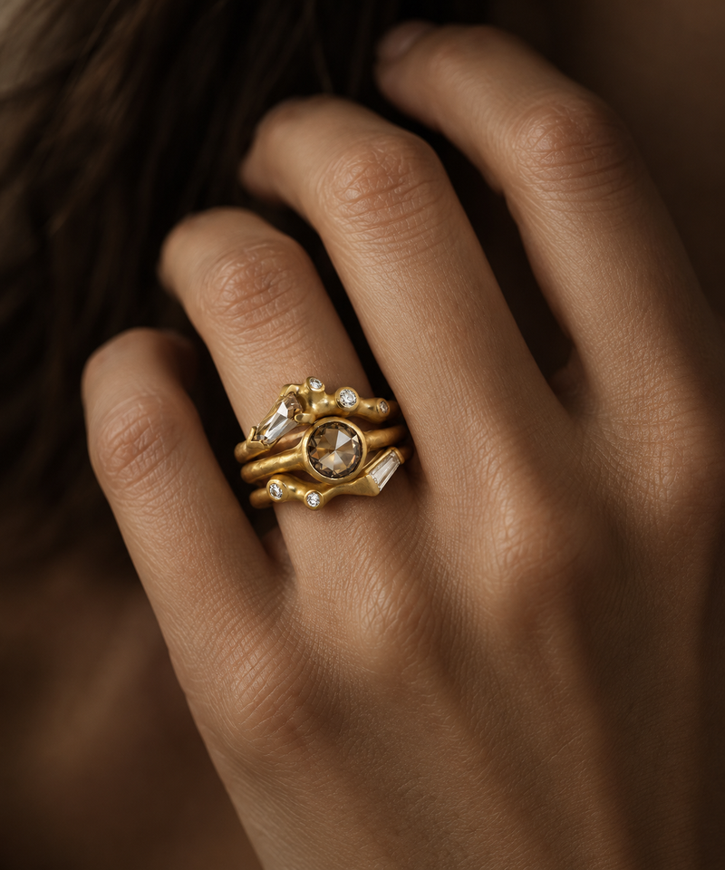 Champagne Rosecut Diamond Solitaire with OOAK Contour Bands