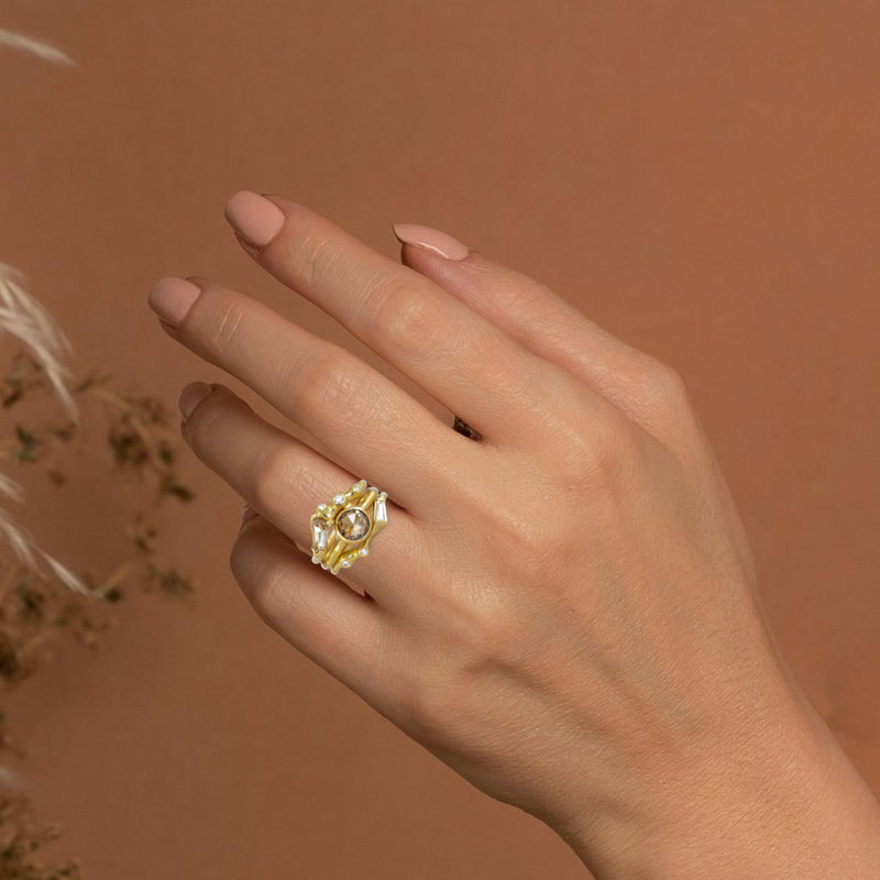 Champagne Rosecut Diamond Solitaire with OOAK Contour Bands