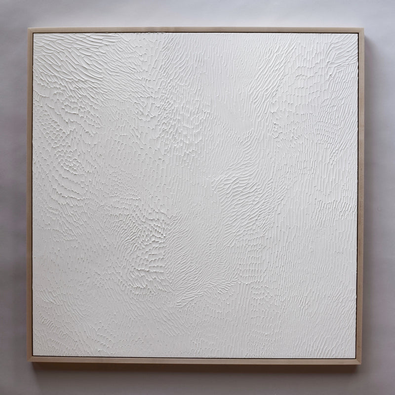 White Textured Abstract Painting in maple frame by Ashleigh Ninos of Ninos Studio. 24x24 inch fine art painting. $1,000.00.