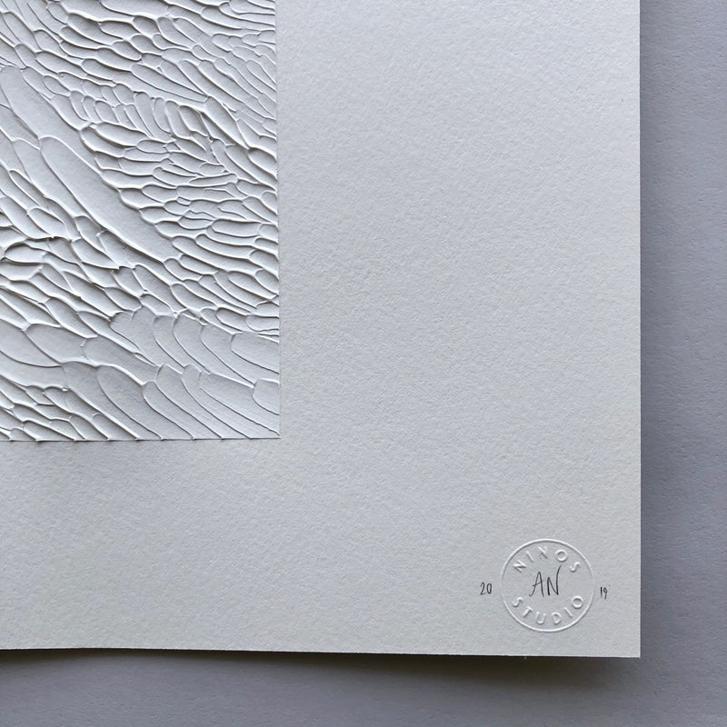 White textural abstract study on paper, 11x14 inches, available at Ninos Studio.