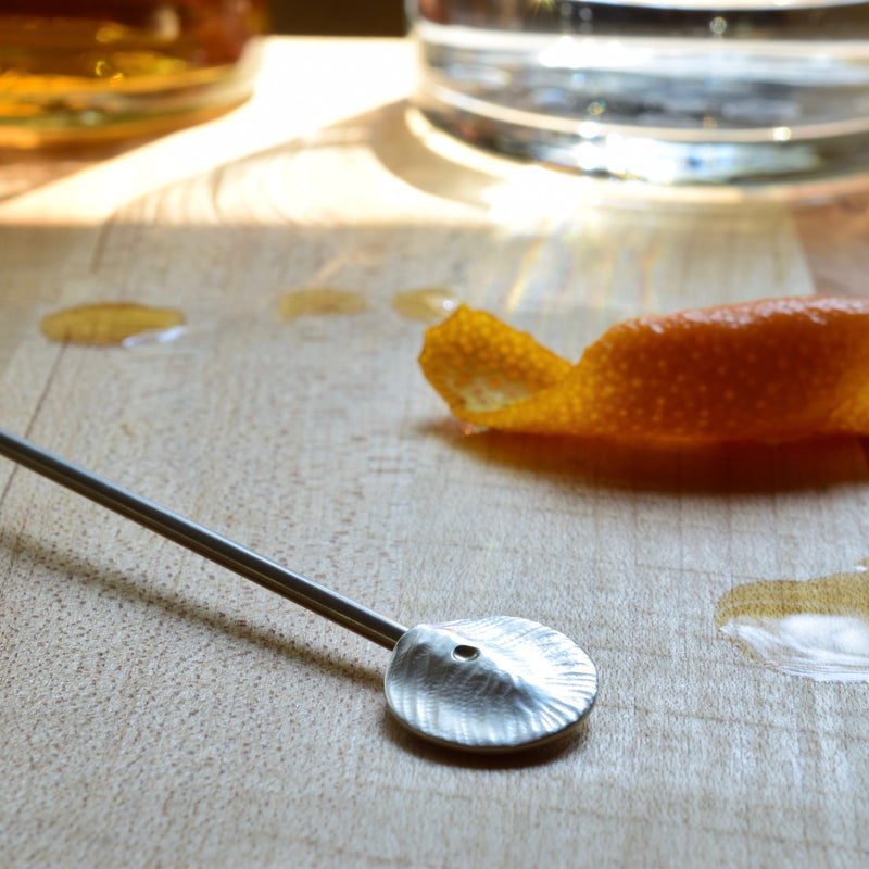 Cocktail Stirrer in cast silver, stainless silver, and turned maple. Available at Ninos Studio. 