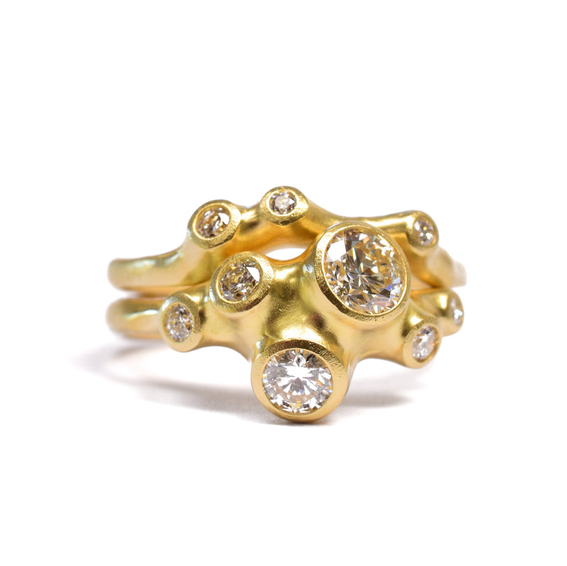 Large Barnacle Stacking Ring Set in 18l gold. Custom options available at Ninos Studio. 